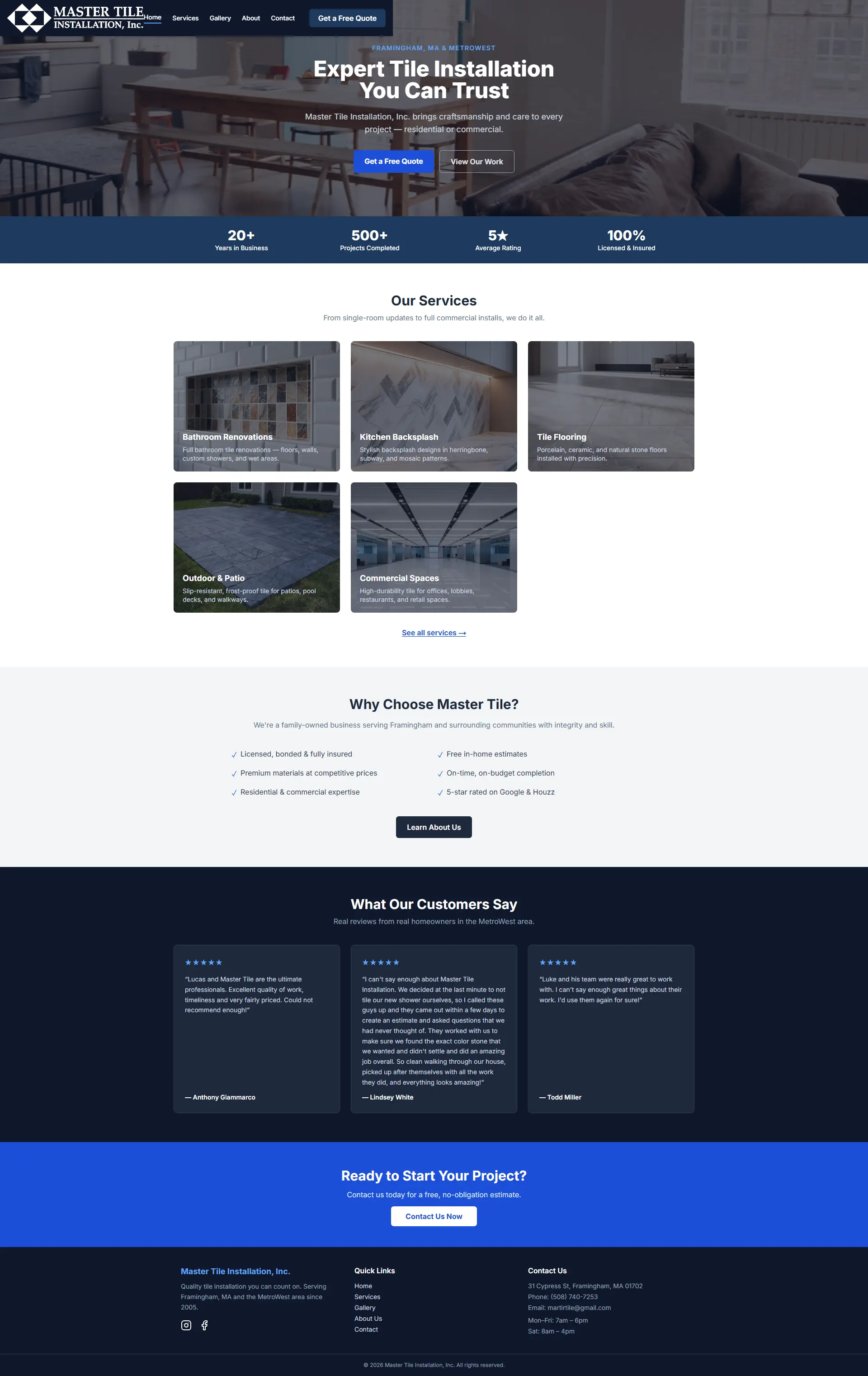 The Master Tile Installation website, full page